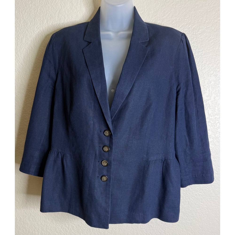 Cato Womens 14/16W Blazer Navy Blue Linen Blend Peplum Back 3/4 Sleeve Preppy